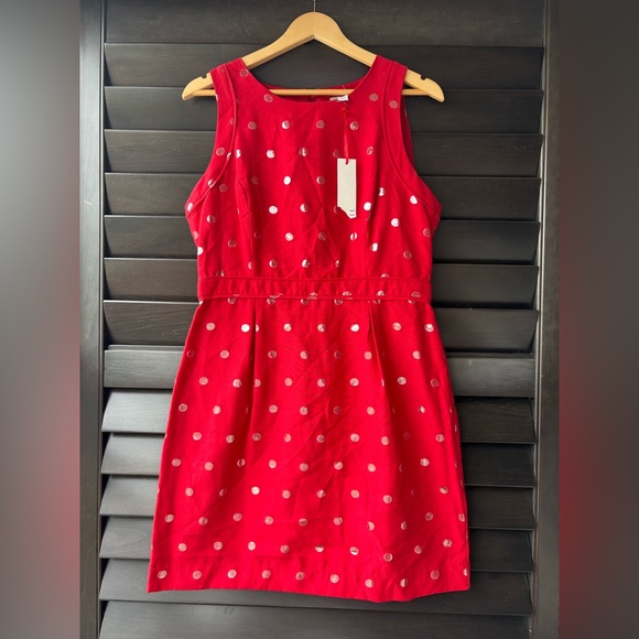 💥SALE💥 Elle Red Size 10 Sleeveless Silver Polka Dot Dress Back Zip NWT - Picture 1 of 7